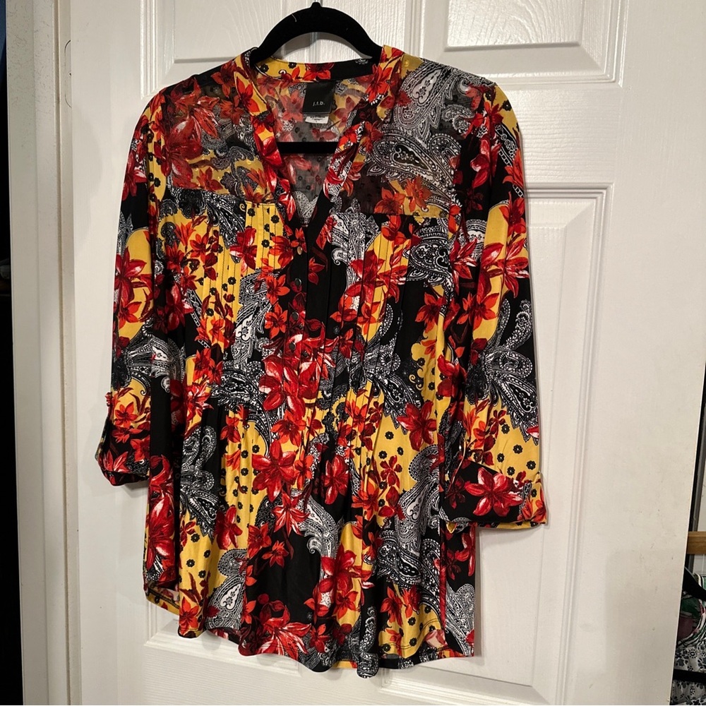 j.t.b. Size L Women's Pleated V-Neck 3/4 Tab Sleeve  Blouse Top Sheer Yoke